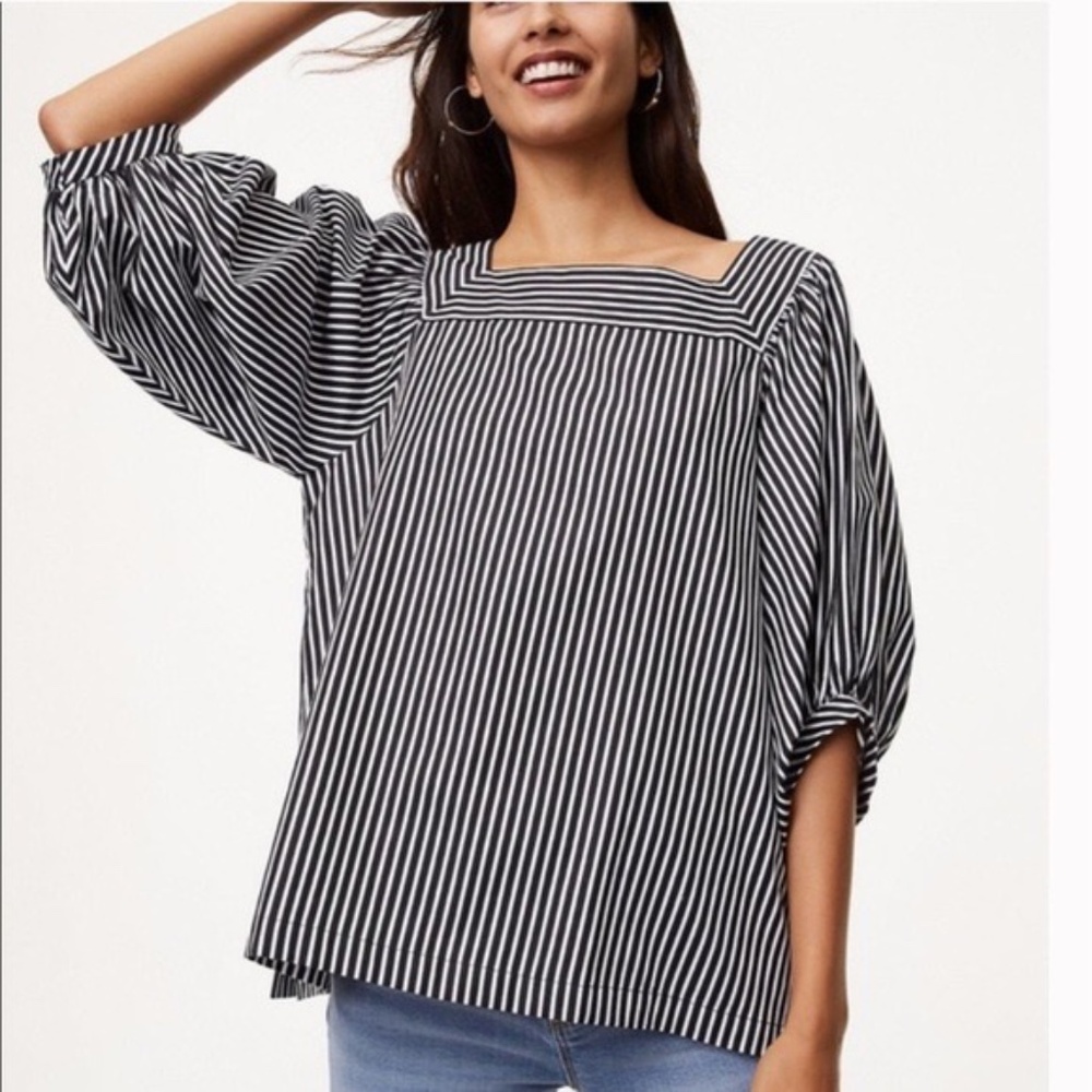 Loft Striped square Neck Top Black White Balloon Sleeves XS
